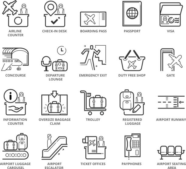 плоская тонкая линия иконки набор зоны аэропорта и элементов - concourse stock illustrations