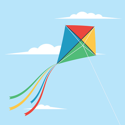 Kite flying in the sky among the clouds. Vector illustration in cartoon flat style design