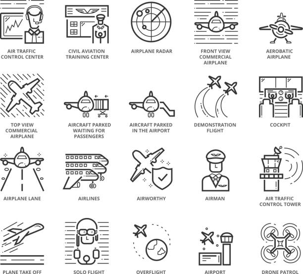 ilustraciones, imágenes clip art, dibujos animados e iconos de stock de línea plana delgada icons set de aviones y aeropuerto - pilot cockpit flying business