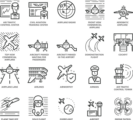 Flat thin line Icons set of Aircraft and Airport. Pixel Perfect Icons. Simple mono linear pictogram pack stroke vector symbol concept for web graphics