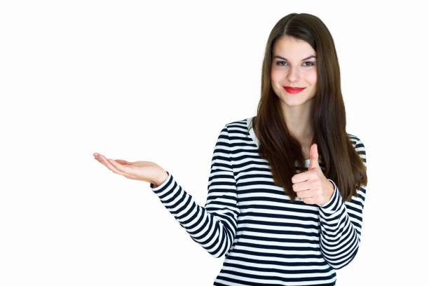 istock Gorgeous young brunette showing big thumbs up on white background 838091146