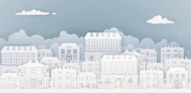 Paper Houses Row Row of houses and buildings in silhouette in old Georgian or Victorian styles on a smart or posh street victorian houses exterior stock illustrations