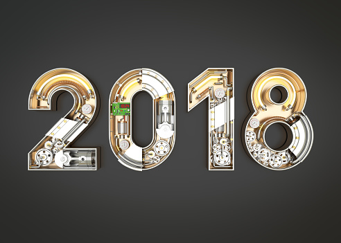 New year 2018 made from mechanical alphabet with gear. 3D illustration
