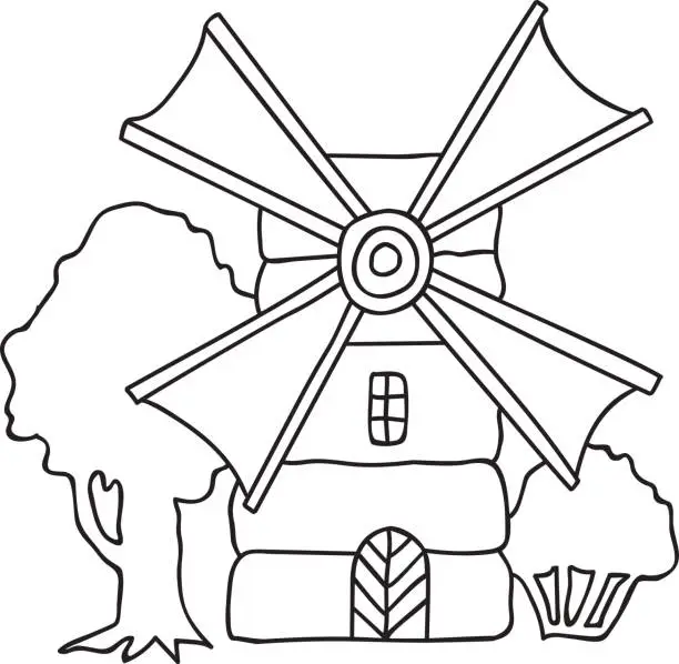 Vector illustration of Hand drawn vector illustration flouring windmill countryside trees, landscape, coloring page adults kids