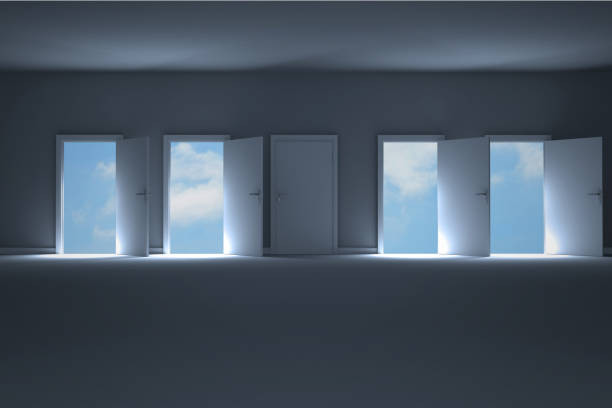 istock Doors opening in room to show sky 838096288