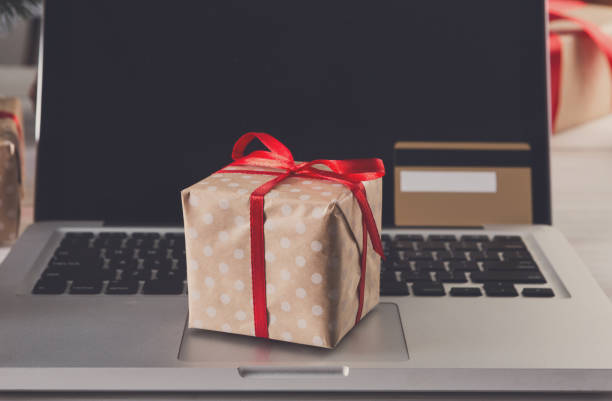 istock Christmas online shopping with credit card background 838123580