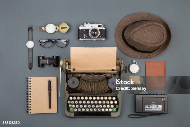 Journalist Or Private Detective Workplace Typewriter Camera Hat Recorder And Other Stuff Stock Photo - Download Image Now