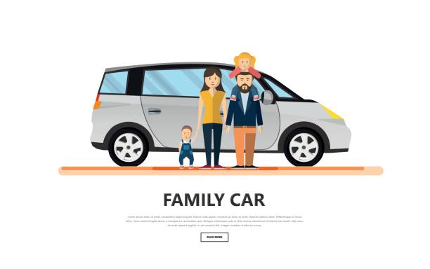 ilustraciones, imágenes clip art, dibujos animados e iconos de stock de coche familiar con familia feliz aislados ilustración de vector. - family in car