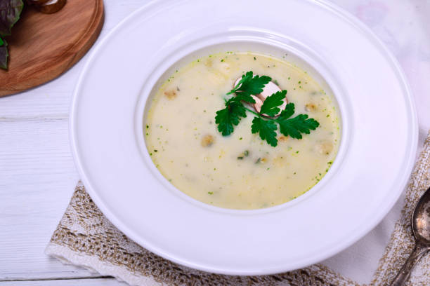 istock mushroom soup in a white round plate 838142936