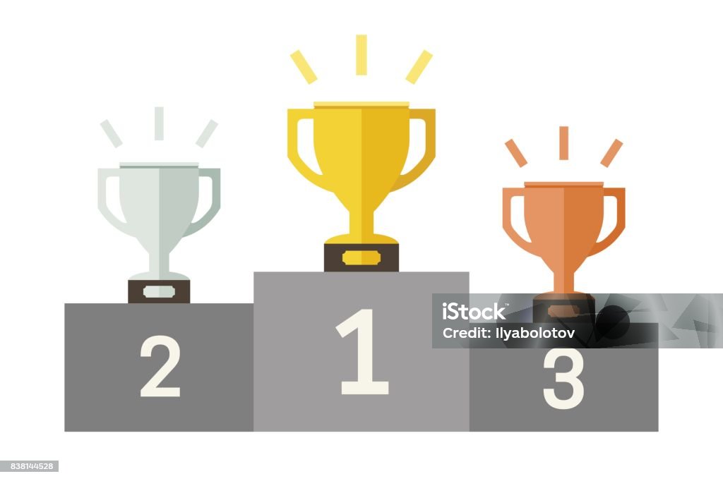Championish cups flat icons Championish cups flat icons. Banner with golden, silver and bronze cups. Winners Podium stock vector