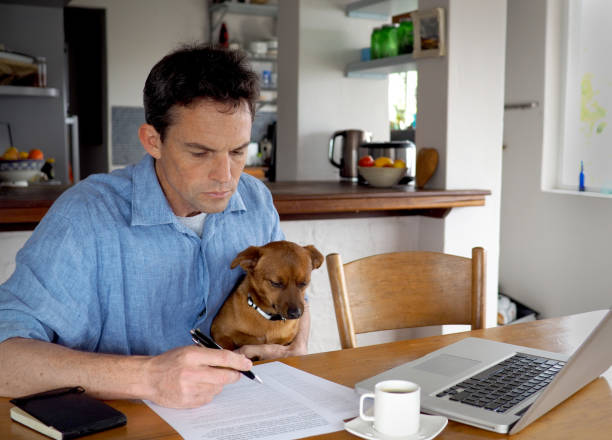 istock Man with his dog on his lap in home office 838147614
