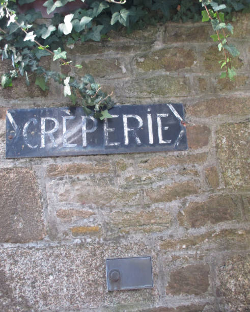 istock Creperie  Directional sign affixed to a stone wall 838150048