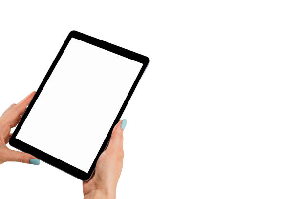 istock Blank empty tablet computer in the hands of girl. Isolated on white. Blank empty white screen. Empty space for text 838151680