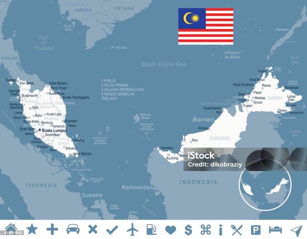 Malaysia - map and flag illustration Malaysia map and flag - vector illustration Blue stock vector