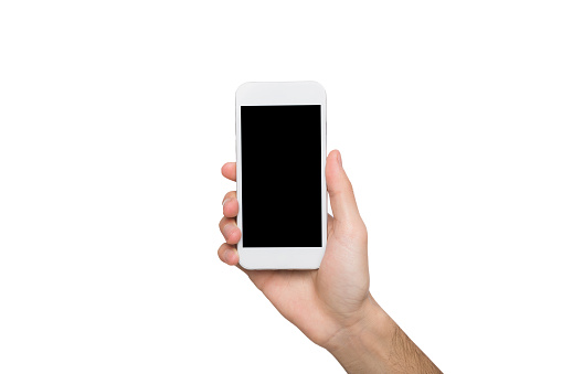 Male hand hold mobile phone, cutout. Man with modern smartphone, on white isolated background, copy space on screen
