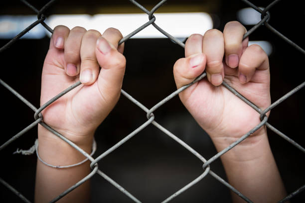 Close up single girl child holding the cage, concept of life imprisonment Close up single girl child holding the cage, concept of life imprisonment and confined child arrest stock pictures, royalty-free photos & images