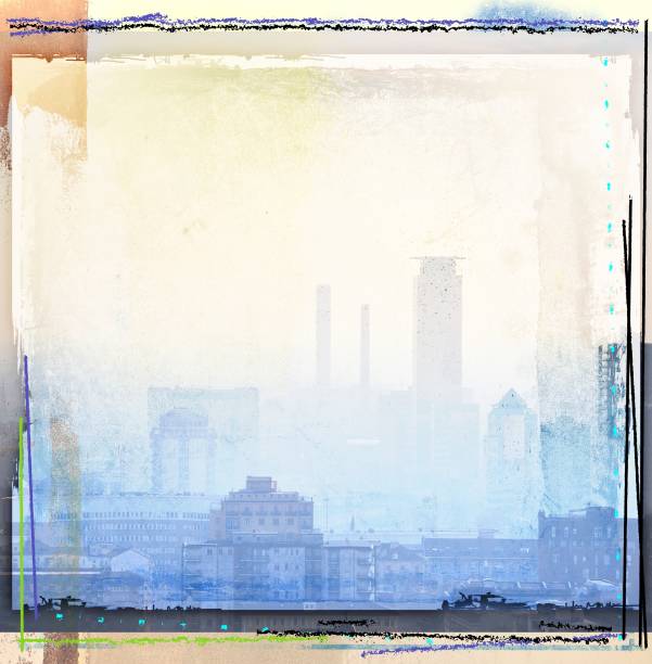 istock Grunge blue abstract frame with city skyline background 838164314