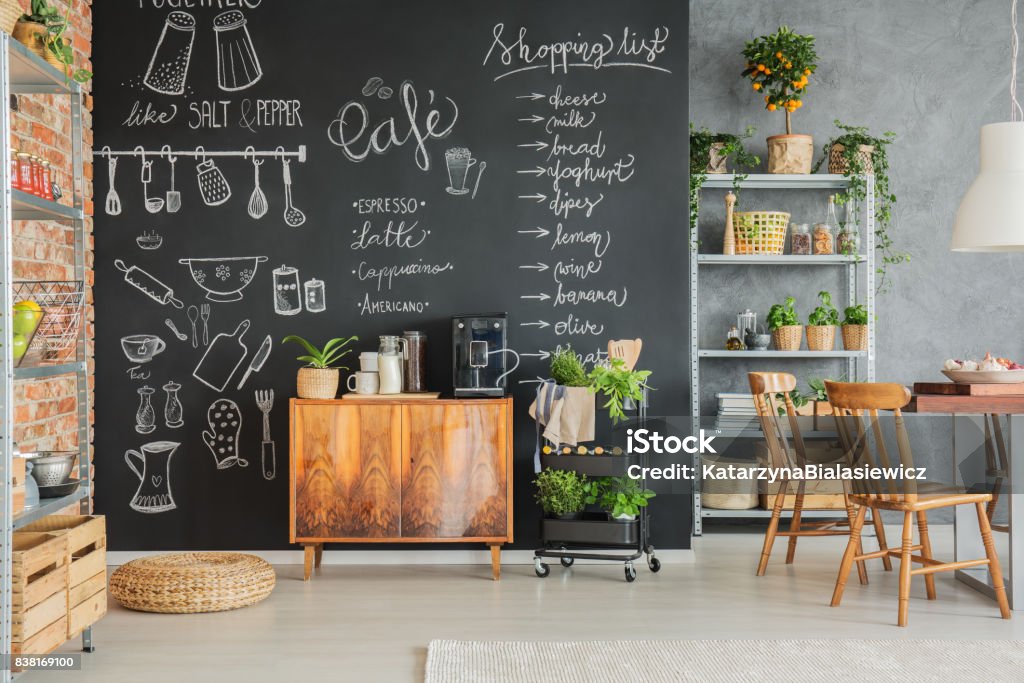 Chalkboard with drawings Chalkboard wall with cute drawings in the family kitchen Chalkboard - Visual Aid Stock Photo