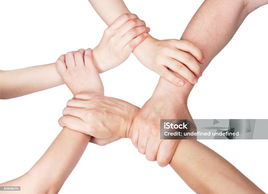 hands ring teamwork isolated on white background Five mixed arms clasped in unity

 Hands Clasped Stock Photo