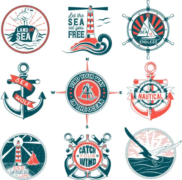 Vector illustration of Vector set of badges with a general theme of the sea with the image of a wash, gulls, steering wheel, anchors for your design, printing, print on the T-shirt and the Internet.