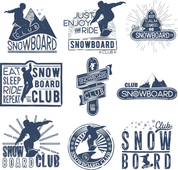 illustrazioni stock, clip art, cartoni animati e icone di tendenza di snowboard a tema badge vettoriale in stile grunge per il tuo design, stampa sulla stampa e t-shirt, internet. - snowboarding snowboard skiing ski