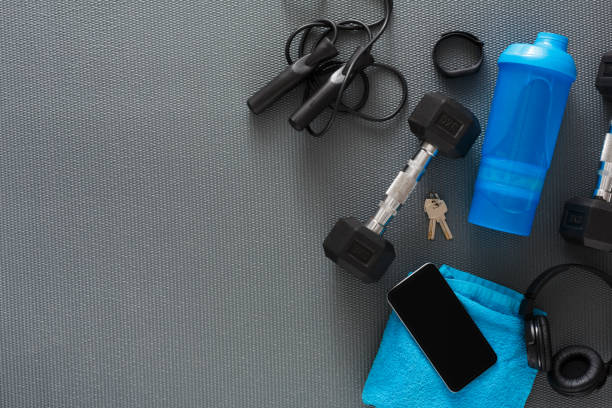 istock Fitness background, sport equipment, copy space 838204328