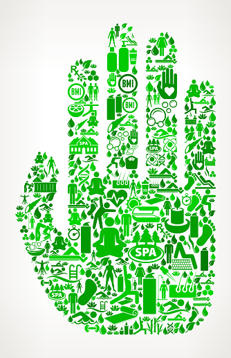 Hand Health and Wellness Icon Set Background Pattern . This vector graphic composition features the main object composed of health and wellness icons. The icons vary in size and shades of green color. The vector icons form a seamless pattern to form the object. The background is white with a slight gradient. The icons include such popular healthcare and wellness icons as fitness, water, people exercising, massage, stretching, yoga and many more. You can use this entire composition or each icon can also be used separately and as not part of the icon set.