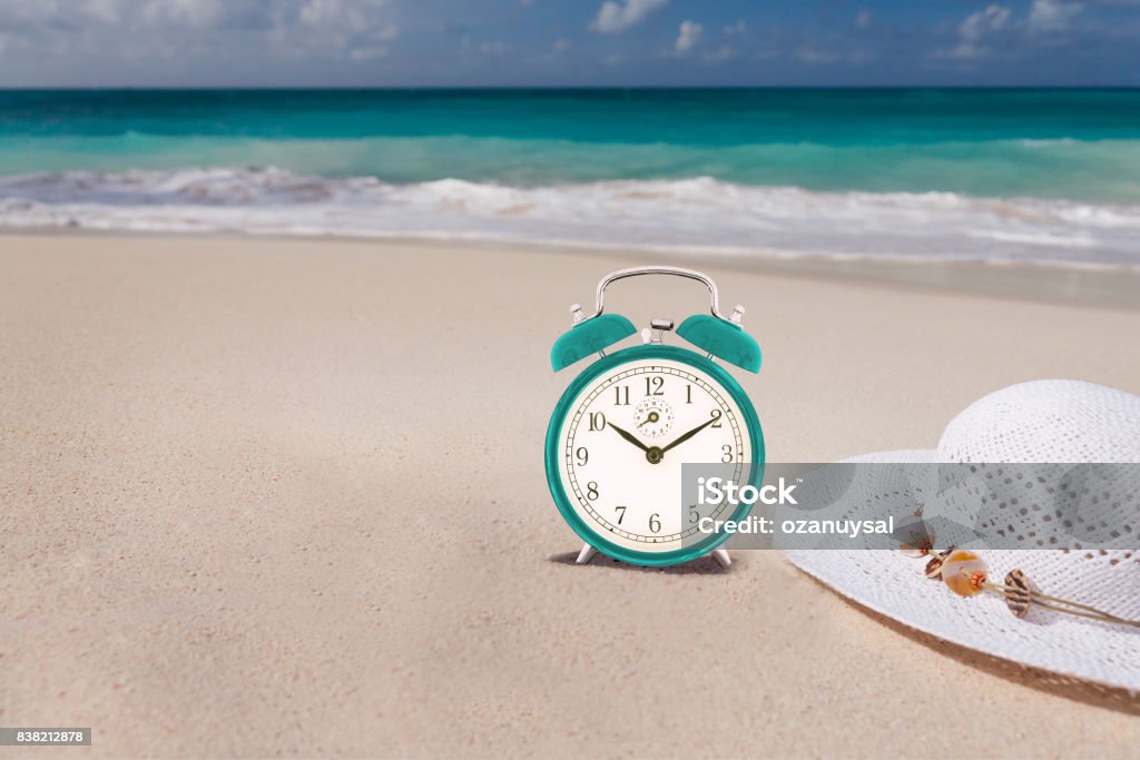 Summertime Concept - Alarm In The Tropical Beach Clock, Sun, Alarm Clock, Palm Tree, Sand Beach Stock Photo