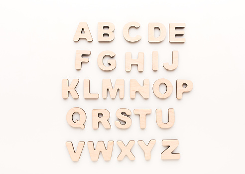 Wooden english letters, copy space. Alphabet study, abc, preschool education concept