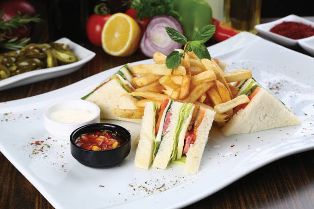 club sandwich - club sandwich sandwich french fries turkey imagens e fotografias de stock