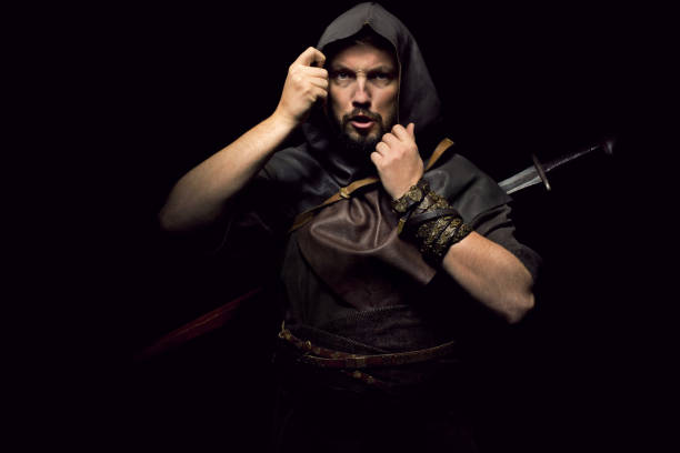 istock Viking warrior with sword over black background 838221162