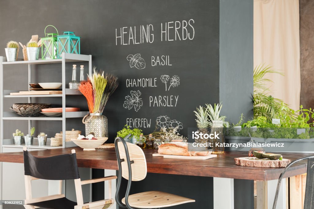 Healthy zone at home Healthy zone with herbs in dining hall at modern home Alternative Medicine Stock Photo