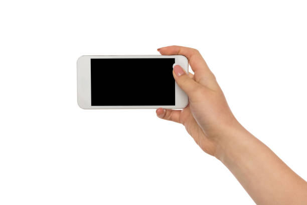 istock Female hands pointing on blank mobile phone screen 838222024