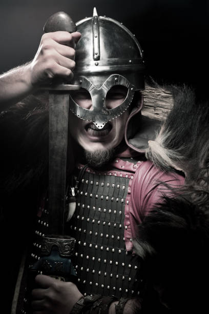 istock Viking warrior with sword over black background 838222234