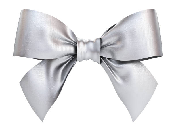 Silver gift ribbon bow isolated on white background . 3D rendering