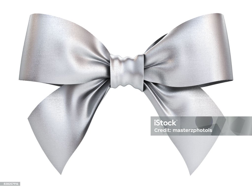 Silver gift ribbon bow isolated on white background . 3D rendering Silver gift ribbon bow isolated on white background . 3D rendering. Silver Colored Stock Photo