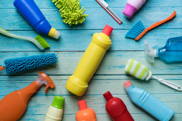 istock House cleaning product on wood table 838261264