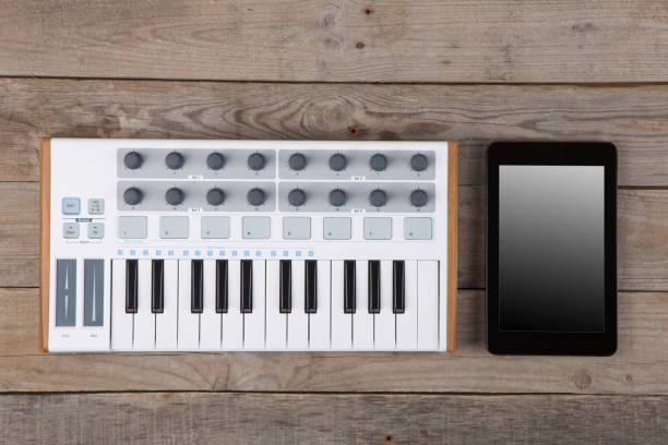 istock Close up of MIDI controller volume fader, knob and keys. 838262970