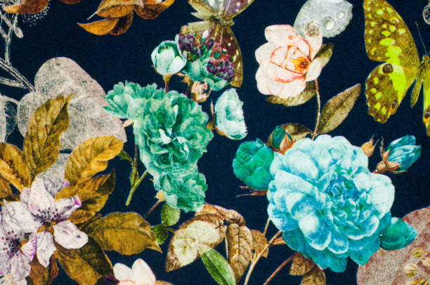istock Knitted fabric. Flowers, berries and butterflies on a black back 838269224
