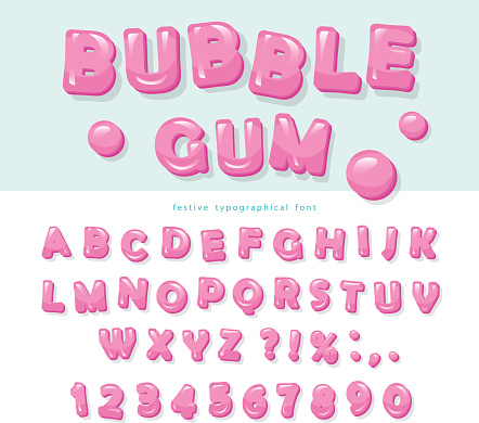 Bubble gum font design. Sweet ABC letters and numbers. Vector