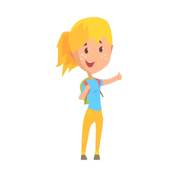Vector illustration of Hitchhiking blonde girl with backpack trying to stop a car, travelling by autostop cartoon vector Illustration