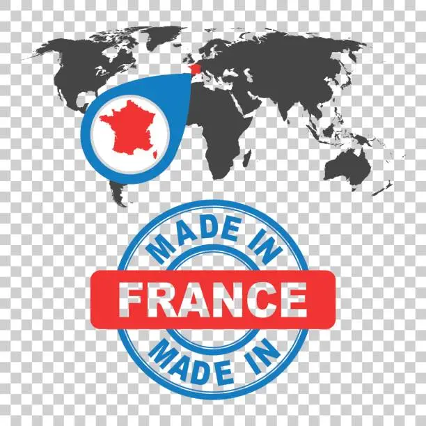 Vector illustration of Made in France stamp. World map with red country. Vector emblem in flat style on isolated background.