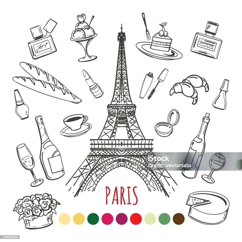 Paris coloring page with color swatches Paris coloring page with color swatches, vector illustration Eiffel Tower - Paris stock vector