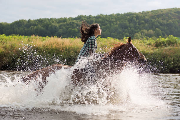 istock Young horse rider running in the river 838288236
