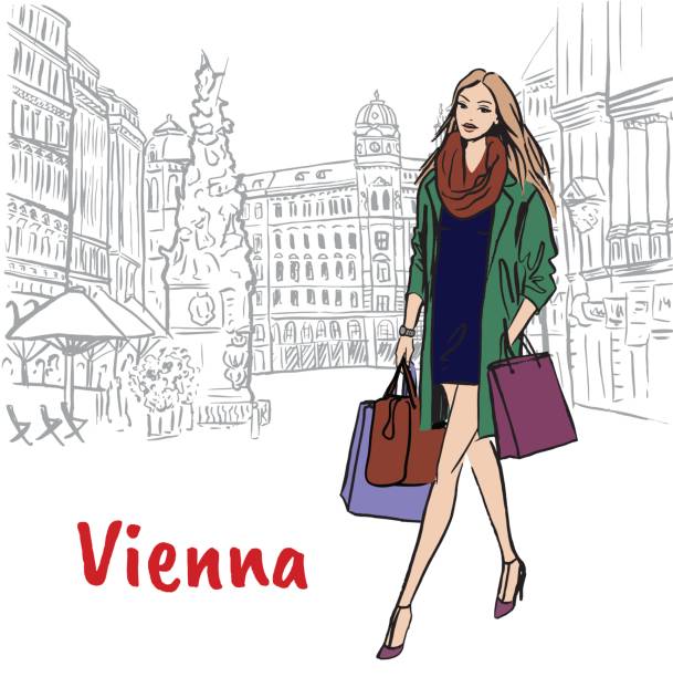 Woman with shopping bags in Vienna Woman with shopping bags in Vienna, Austria. Hand-drawn illustration. Fashion sketch graben vienna stock illustrations