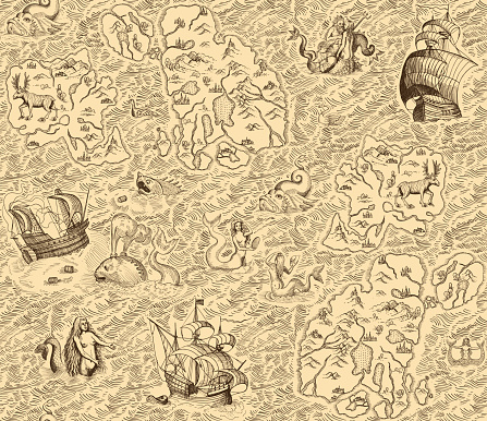 Old vintage map with islands, ships, monsters and mermaids. Seamless background