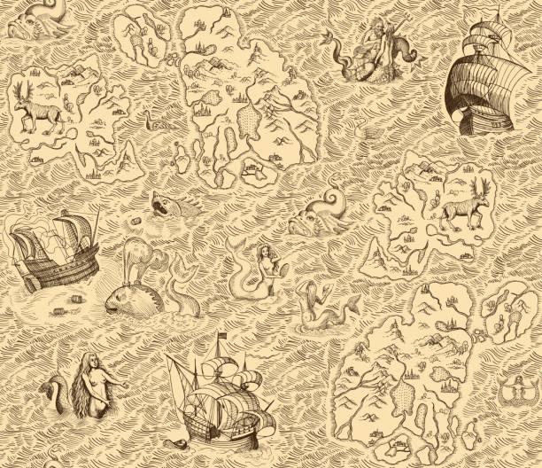 Old vintage map with islands Old vintage map with islands, ships, monsters and mermaids. Seamless background pirate map stock illustrations