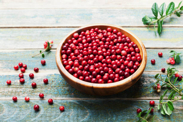 istock Fresh cowberry (lingonberry, partridgeberry, foxberry) in wooden bowl on rustic vintage table. 838303918