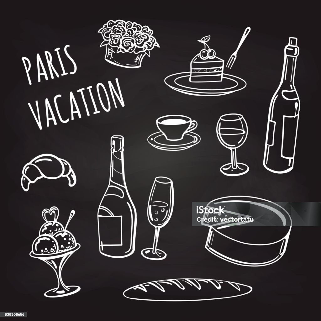 France food and drinks on chalkboard Paris vacation food and drinks collection on chalkboard background. Vector illustration Art stock vector