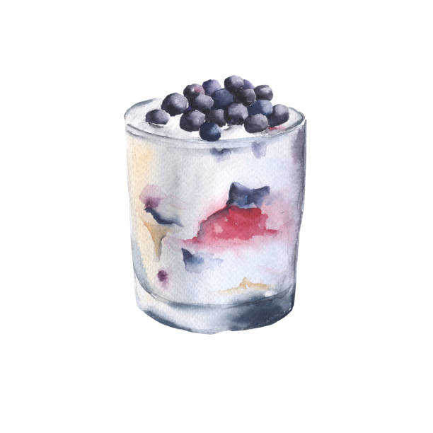 bildbanksillustrationer, clip art samt tecknat material och ikoner med yoghurt och blåbär i ett glas. isolerade på vit bakgrund. - glass jar